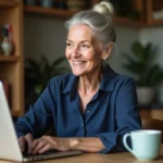Femme de 65-70 ans souriante devant un ordinateur portable pour rencontrer des personnes sur un site de rencontre sérieux