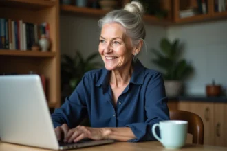 Femme de 65-70 ans souriante devant un ordinateur portable pour rencontrer des personnes sur un site de rencontre sérieux