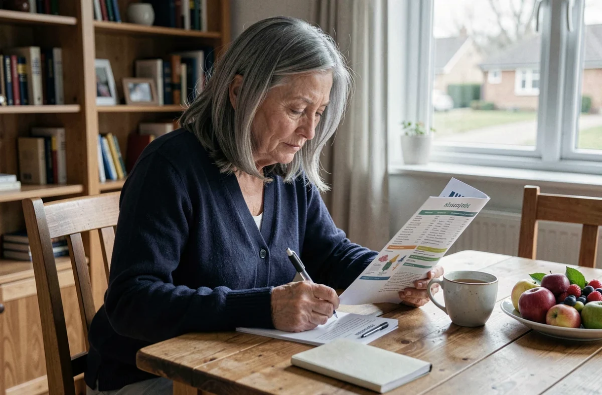 Femme senior de 65 ans consultant un guide nutritionnel et prenant des notes pour adapter son alimentation