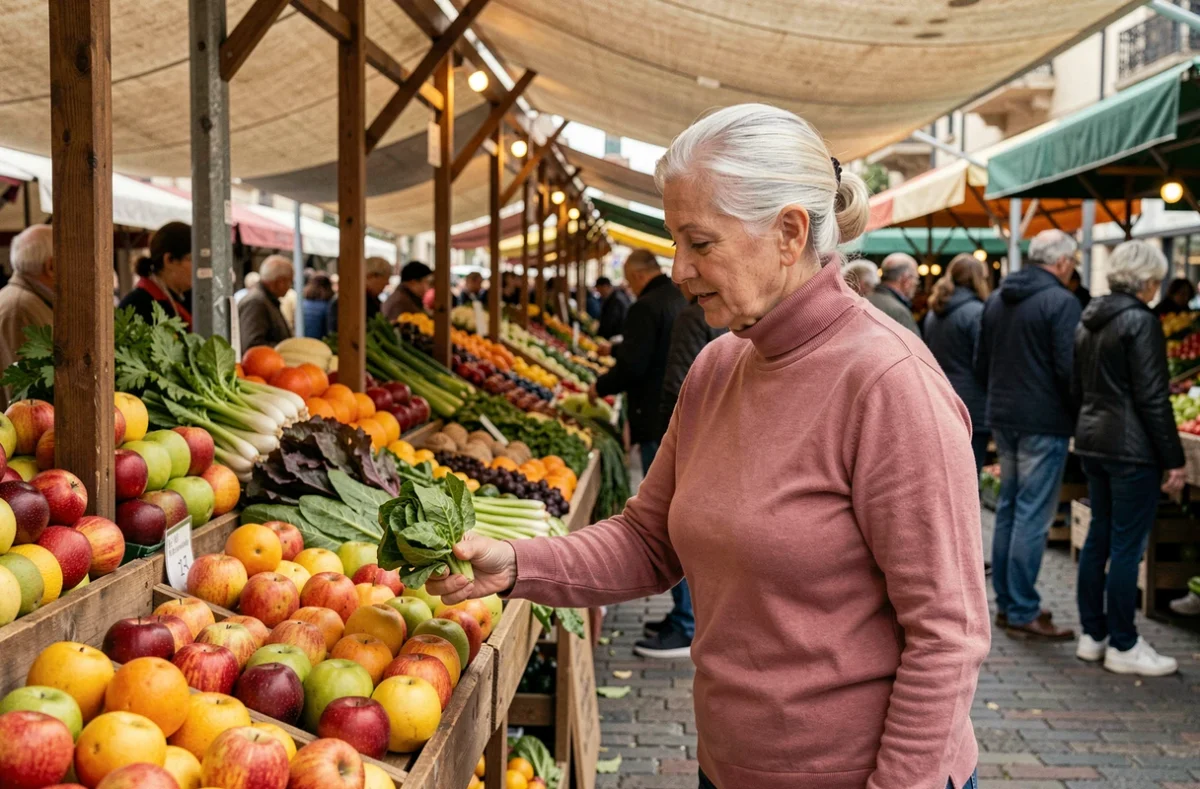 Femme de 65 ans choisissant des fruits et légumes frais au marché local pour un menu de saison équilibré