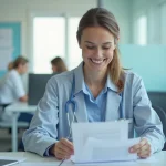 Femme en tenue professionnelle dans un bureau hospitalier