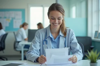 Femme en tenue professionnelle dans un bureau hospitalier