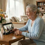 Une femme âgée souriante en maison de retraite lors d'un appel vidéo avec sa famille sur une tablette