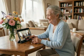 Une femme âgée souriante en maison de retraite lors d'un appel vidéo avec sa famille sur une tablette