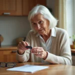 Femme âgée examinant un bracelet GPS Alzheimer à la table de cuisine avec une checklist