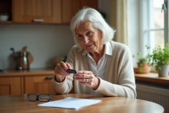 Femme âgée examinant un bracelet GPS Alzheimer à la table de cuisine avec une checklist