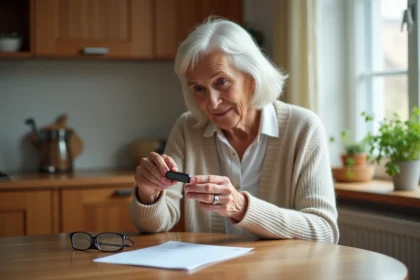 Femme âgée examinant un bracelet GPS Alzheimer à la table de cuisine avec une checklist