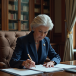 Femme agee en costume bleu dans un bureau élégant