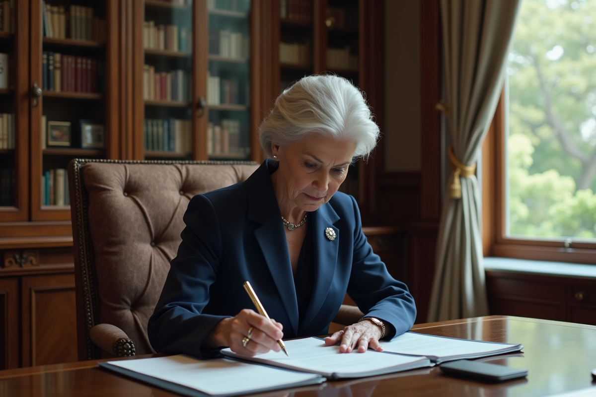 Femme agee en costume bleu dans un bureau élégant