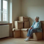Femme agee assise sur une box dans un salon modeste