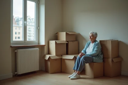 Femme agee assise sur une box dans un salon modeste