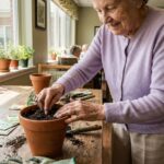 Femme âgée semant des graines dans un pot en terre cuite dans une maison de retraite, les mains dans la terre, sourire nostalgique