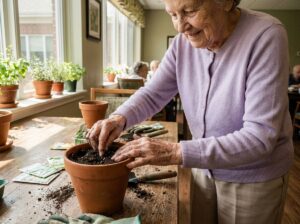 Femme âgée semant des graines dans un pot en terre cuite dans une maison de retraite, les mains dans la terre, sourire nostalgique