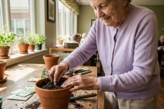 Femme âgée semant des graines dans un pot en terre cuite dans une maison de retraite, les mains dans la terre, sourire nostalgique