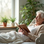 Femme agee lisant un livre dans sa chambre lumineuse