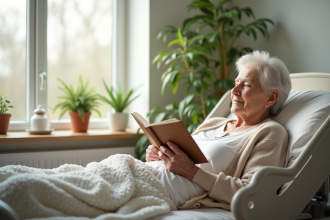 Femme agee lisant un livre dans sa chambre lumineuse
