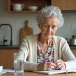 Femme âgée lisant un guide de médicaments à la maison