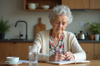 Femme âgée lisant un guide de médicaments à la maison