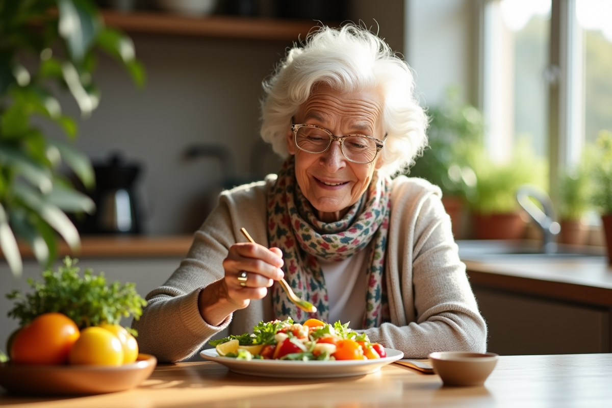 Femme âgée dégustant un repas sain dans une cuisine lumineuse
