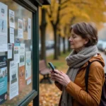 Femme d'âge moyen regardant un panneau d'affichage urbain en automne