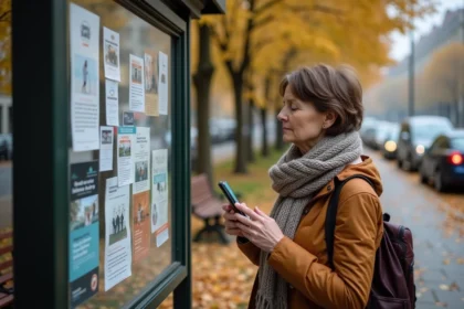 Femme d'âge moyen regardant un panneau d'affichage urbain en automne
