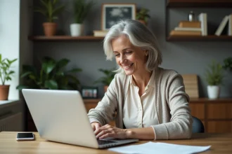 Femme d'âge moyen au bureau à domicile moderne