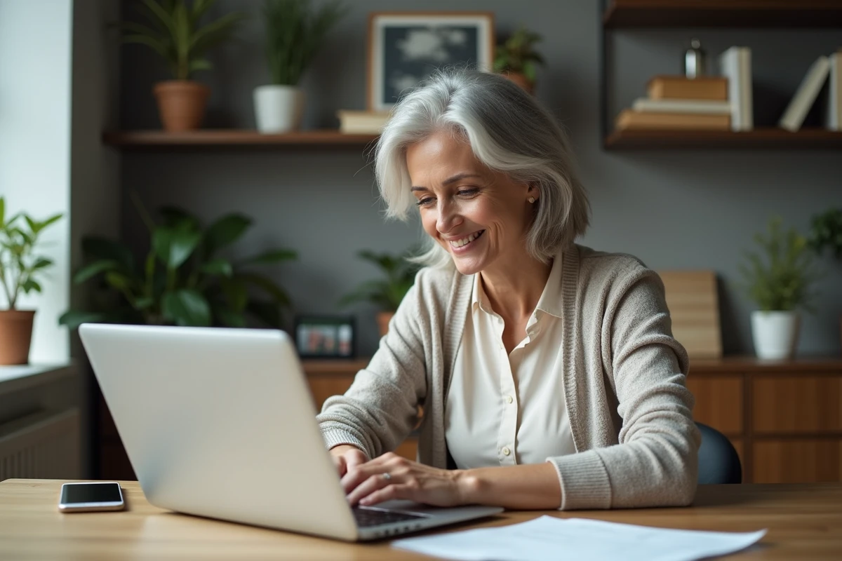 Femme d'âge moyen au bureau à domicile moderne