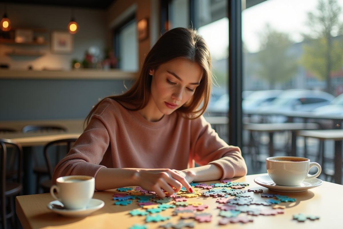 Jeune femme concentrée à faire un puzzle dans un café lumineux