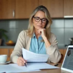 Femme d'âge moyen examinant des documents à la cuisine