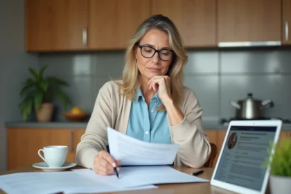 Femme d'âge moyen examinant des documents à la cuisine