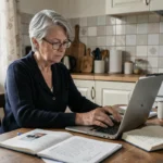 Femme âgée consultant des documents sur l'augmentation de la pension d'invalidité 2026 sur son ordinateur portable à la maison