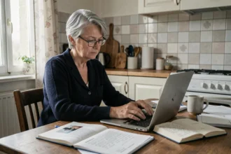 Femme âgée consultant des documents sur l'augmentation de la pension d'invalidité 2026 sur son ordinateur portable à la maison