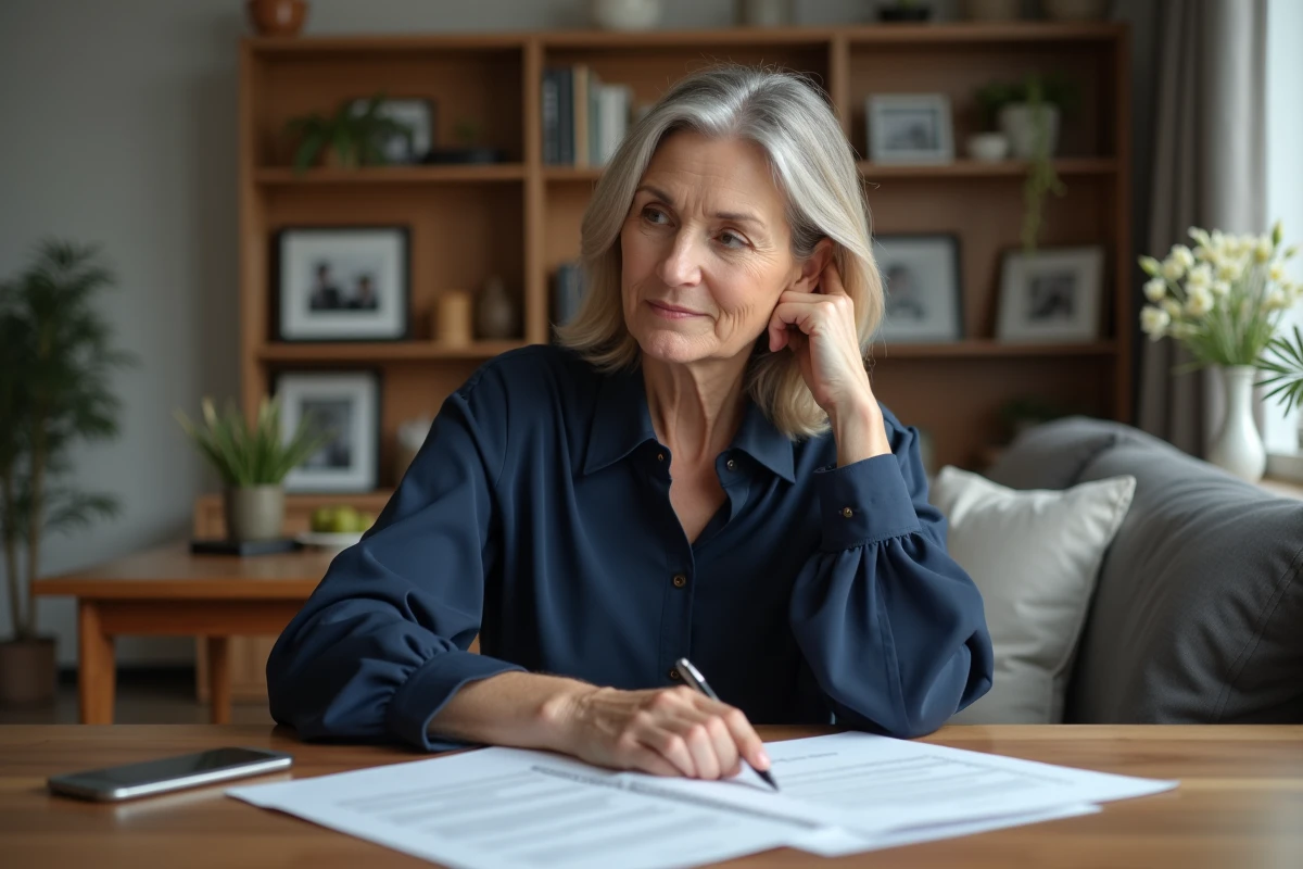 Femme d'âge moyen en réflexion avec documents légaux