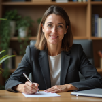 Femme d'âge moyen écrivant une enveloppe dans un bureau chaleureux