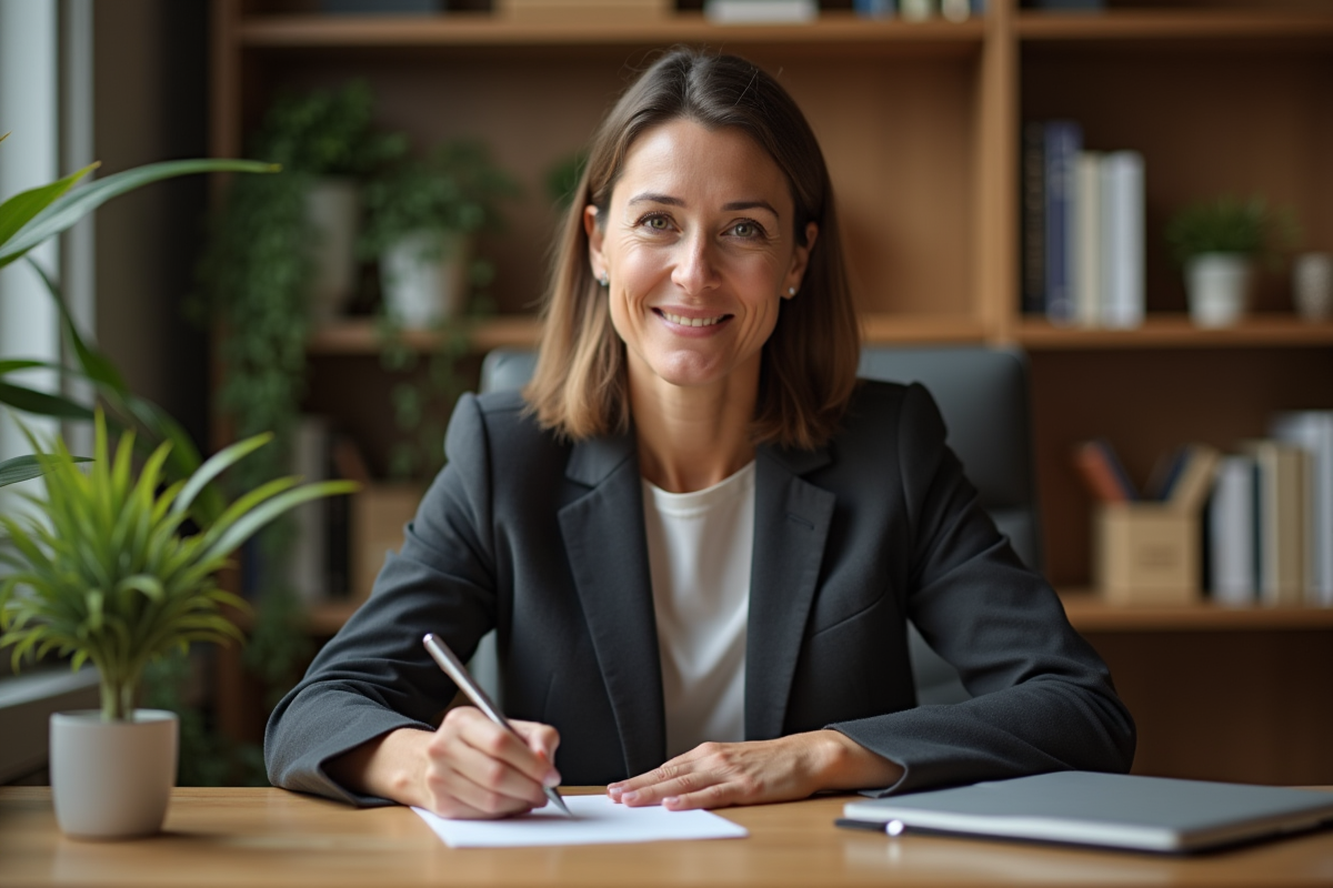 Femme d'âge moyen écrivant une enveloppe dans un bureau chaleureux