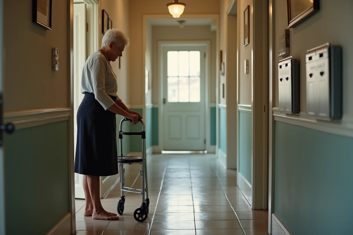 Femme âgée avec déambulateur dans le couloir de l