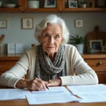 Femme âgée organise des papiers dans la cuisine lumineuse