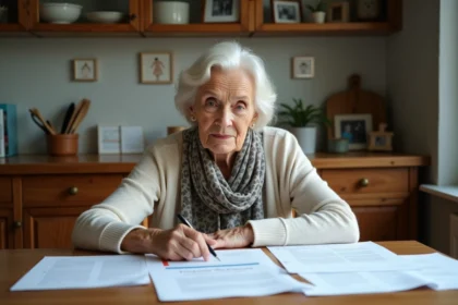 Femme âgée organise des papiers dans la cuisine lumineuse