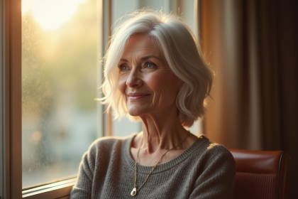 Femme élégante de 60 ans près d'une fenêtre en lumière naturelle