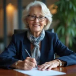 Femme élégante signant une carte de retraite dans un bureau moderne