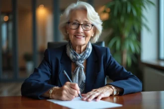 Femme élégante signant une carte de retraite dans un bureau moderne