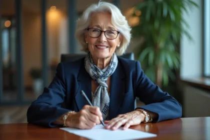 Femme élégante signant une carte de retraite dans un bureau moderne