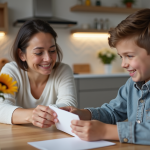Femme souriante donnant une enveloppe à un adolescent à table