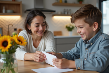 Femme souriante donnant une enveloppe à un adolescent à table