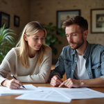 Femme et son fils examinent des documents immobiliers à la maison