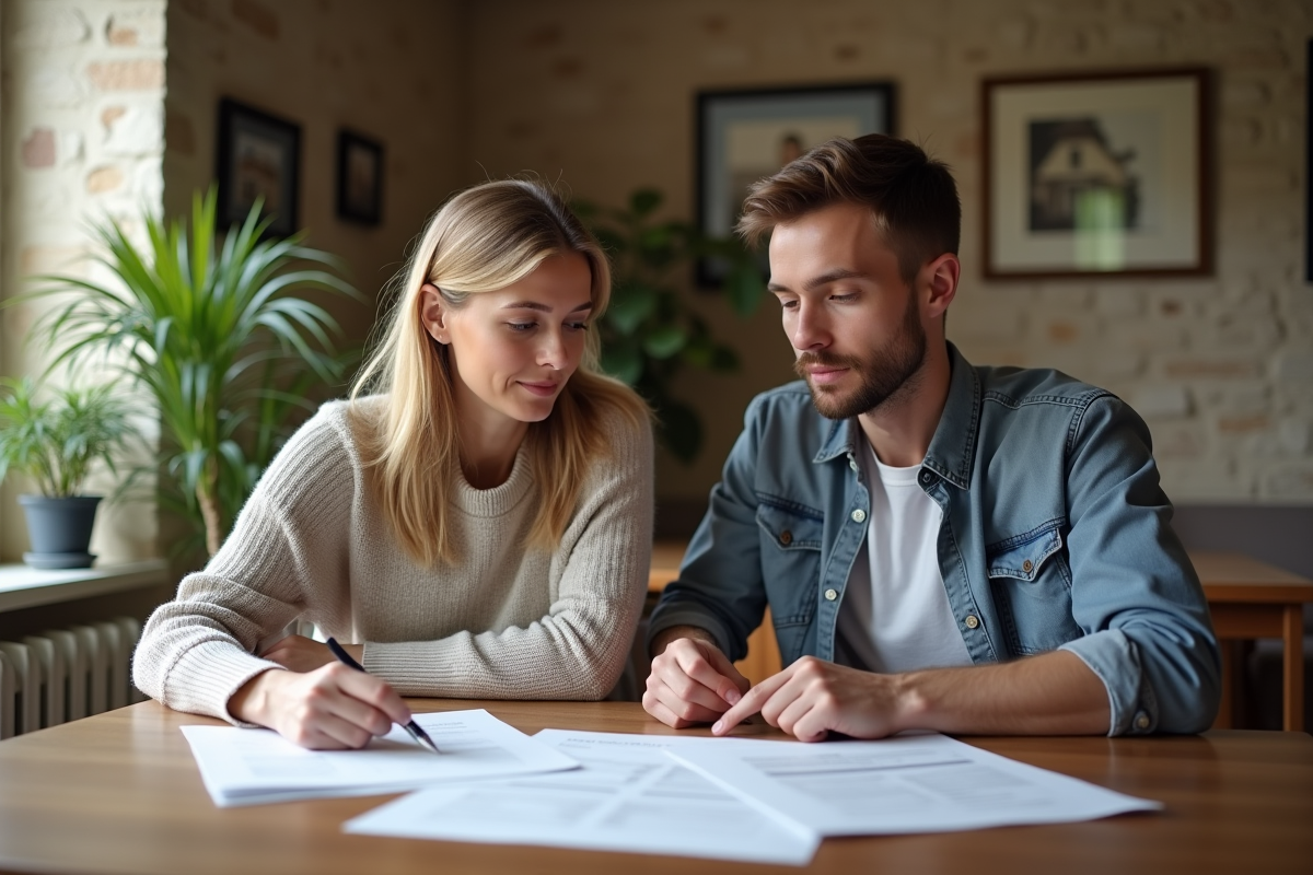 Femme et son fils examinent des documents immobiliers à la maison