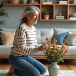 Femme souriante arrangeant des fleurs dans un salon accueillant