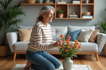 Femme souriante arrangeant des fleurs dans un salon accueillant