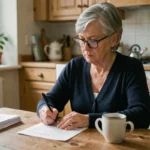 Femme de 58 ans remplissant un formulaire de retraite après chômage à une table en bois chez elle