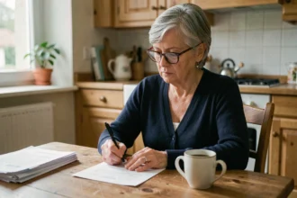 Femme de 58 ans remplissant un formulaire de retraite après chômage à une table en bois chez elle
